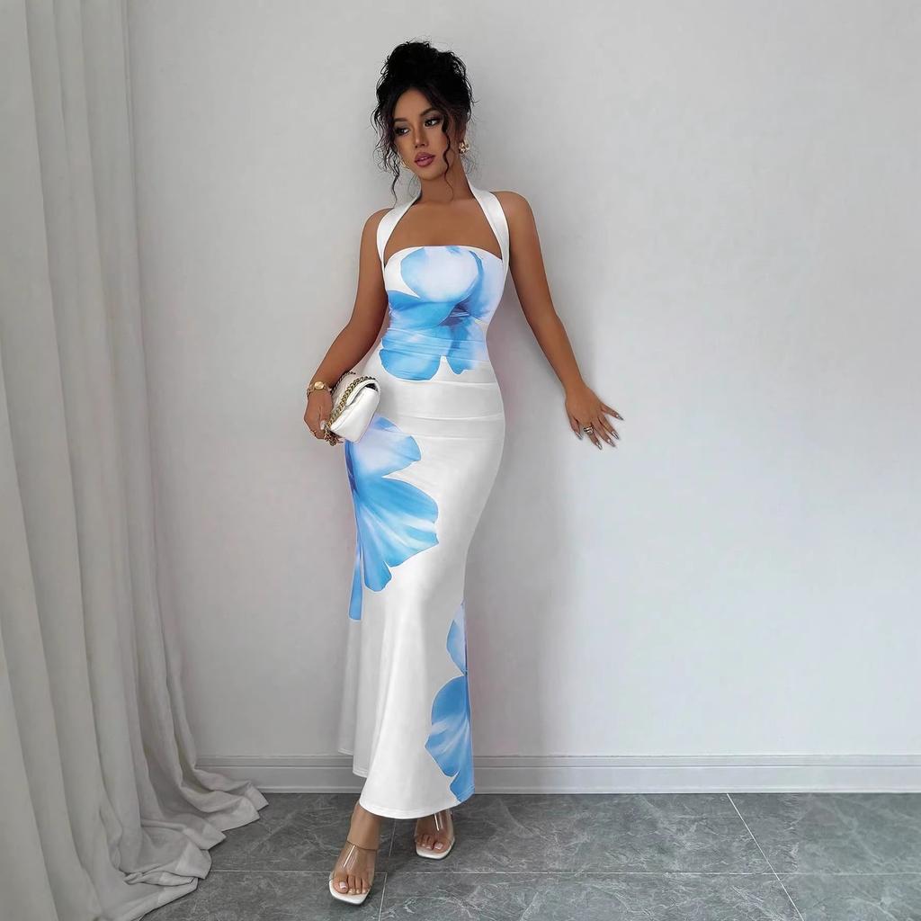 2026 European and American women's clothing explosive new neck halter long dress hip-wrapped printed dress