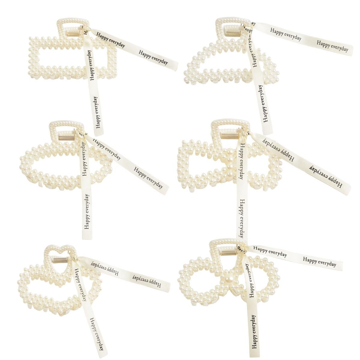 

6PcsElegant Pearl Hair Claw Clips with Ribbon, Large Non-slip Hair Clamps, Sweet Bridal Hair Accessories for Women Daily Styling