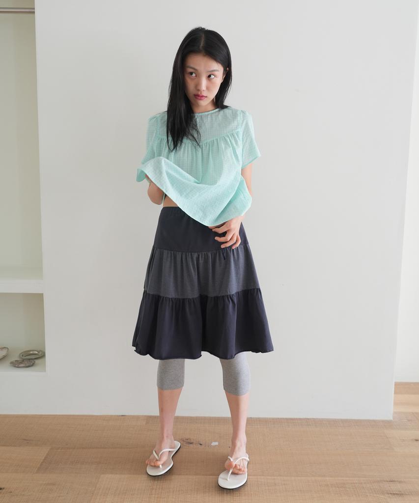 NAATS Check Shirring Half Blouse, Mint