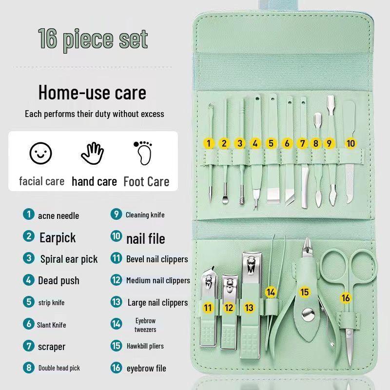 16-Piece Stainless Steel Nail Clipper and Pedicure Set with Slant-Edge Scissors