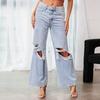 High Waist Wide Leg Denim Jeans Women Light Wash Distressed Ripped Straight Cut Casual Pants