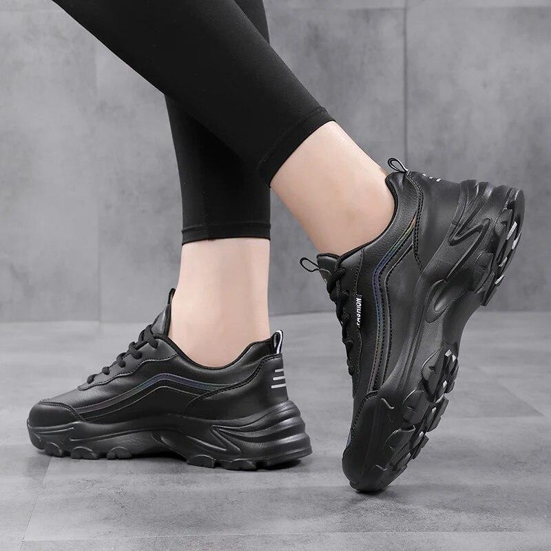 Women Shoes Casual Sport Platform Lady Sneaker Black Thick Sole Leather Big Size 42 Fashion High Quality Flats Walking Platform