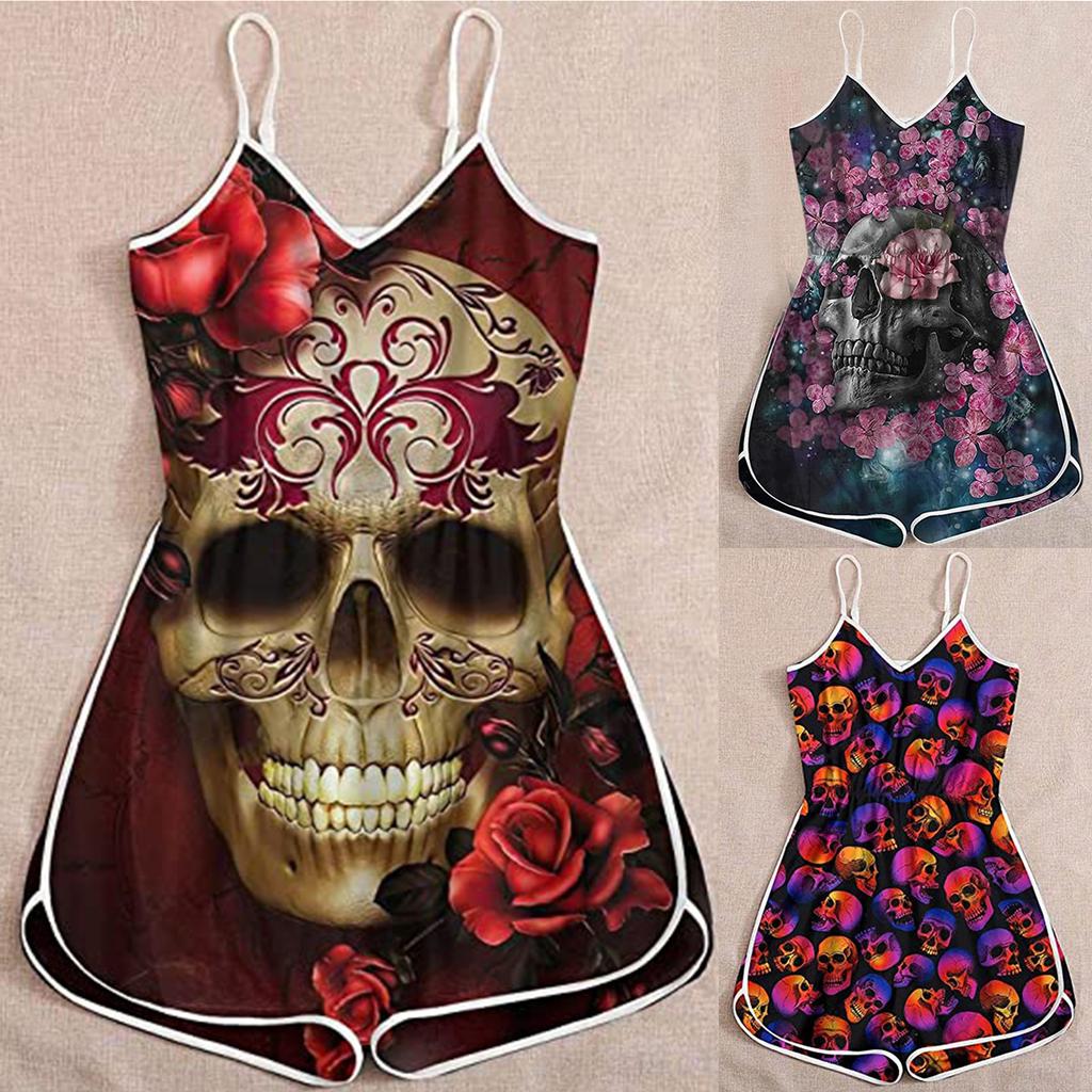 Wish Halloween print lady skull suspender jumpsuit