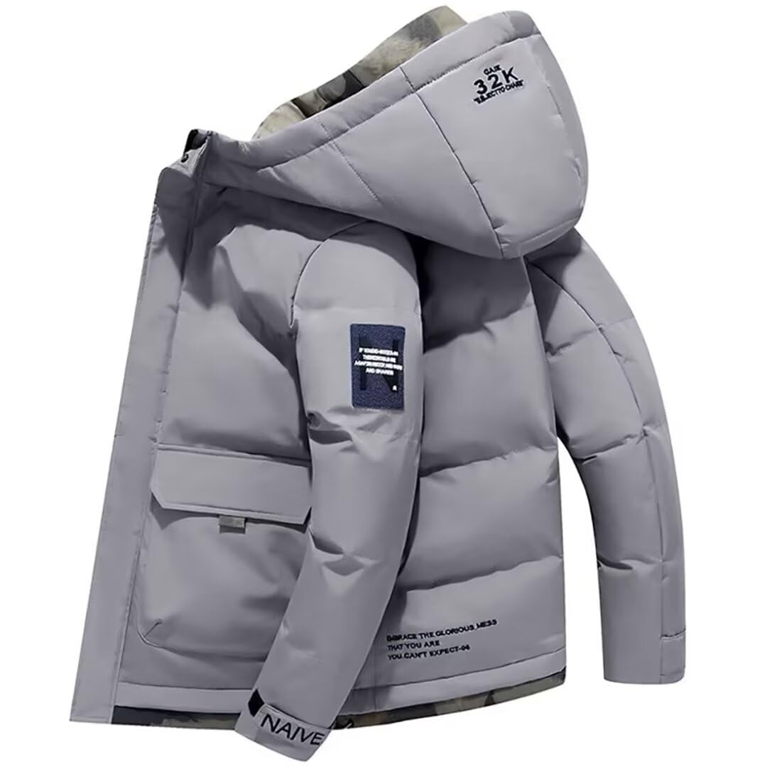 

YoniStar Men s Down Jacket, Winter Down Jacket, Large Size, Thick, Hooded, Outerwear, Ash Blue (4XL)