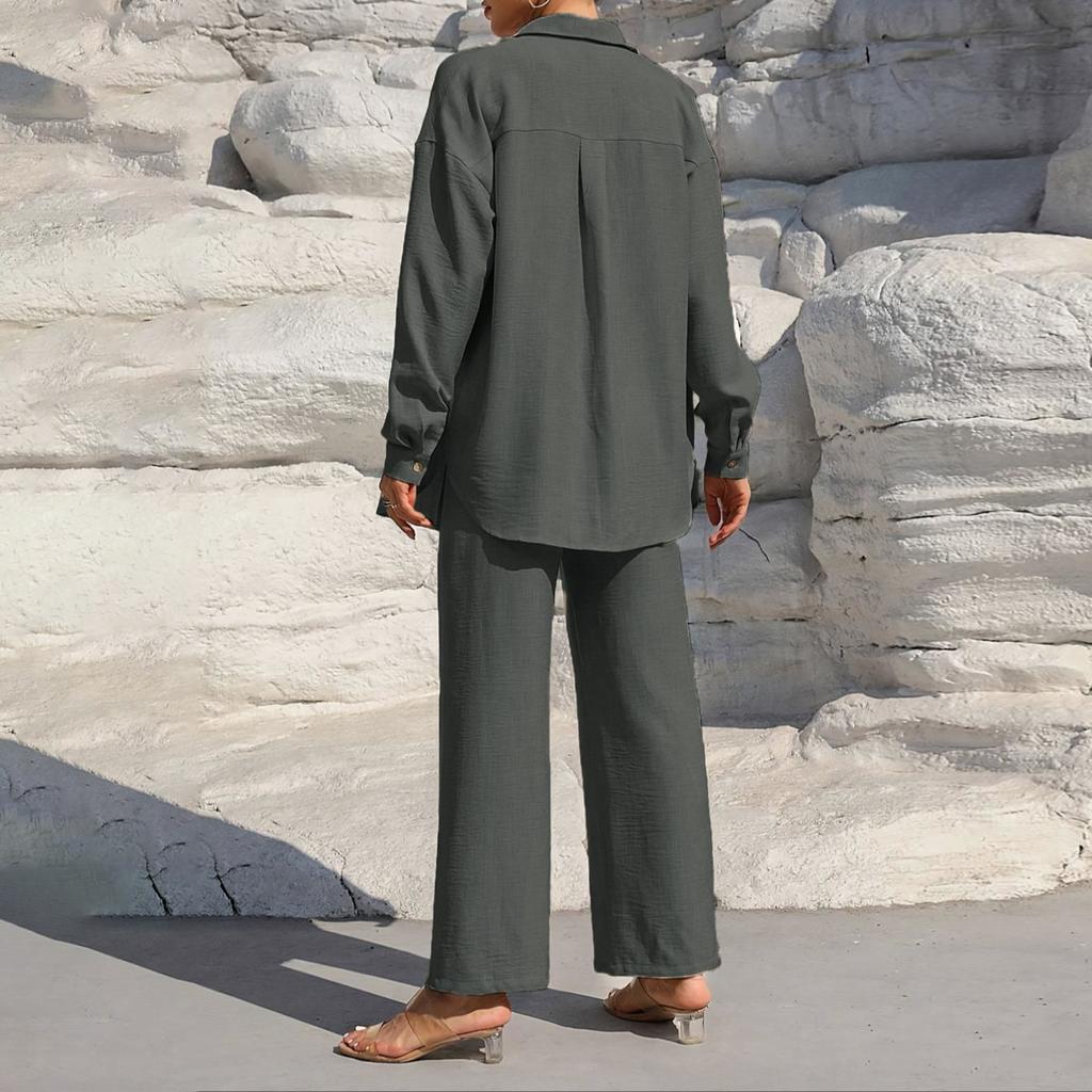 Women's Fashion Solid Color Collar Button Long Sleeve Top Elastic Waist Straight Pants Casual Set