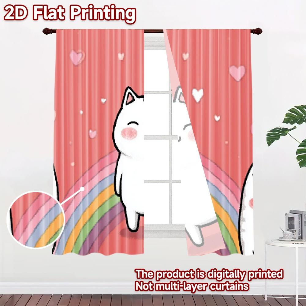 2D flat printing 2pcs Window Curtains Cute Cat Unicorn Rainbow Digital Printed Polyester Drapes Festive Wall Decor Perfect for