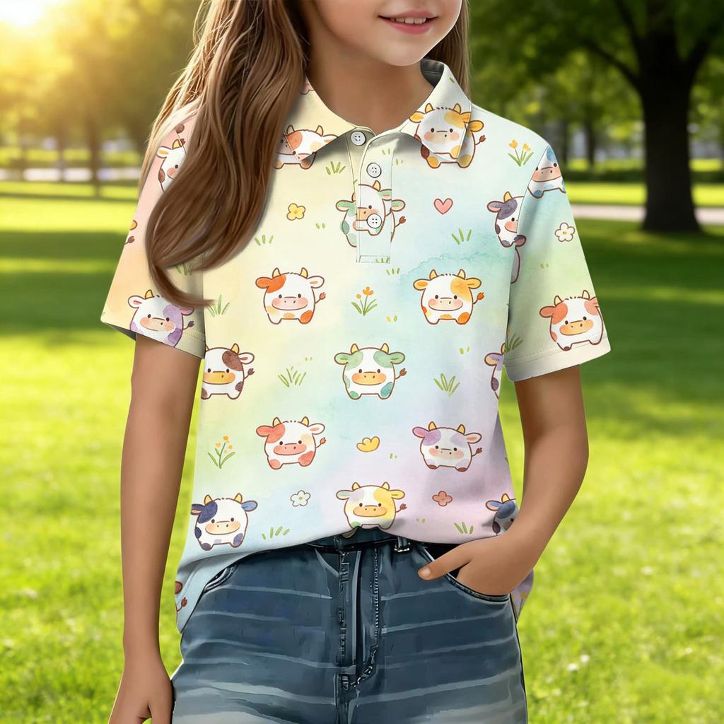Kids Casual Short Sleeve Polo Shirt Animal Print Top Button Down Collar Comfortable Fit Soft Fabric