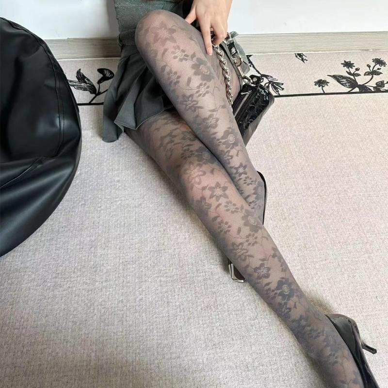 Vintage Patterned Sheer Pantyhose Stockings for Women French Style Flower Jacquard Silk Tights Thin Leggings Hosiery
