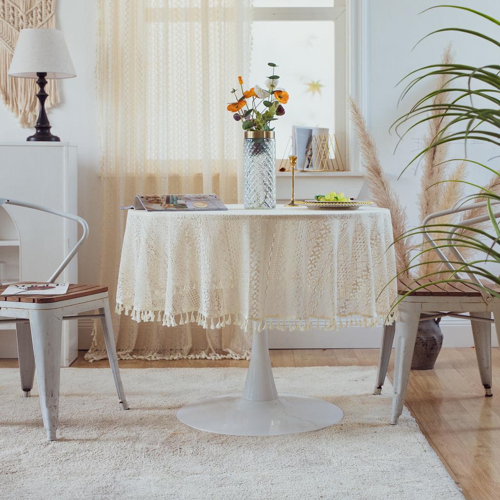 Vintage Häkeltischdecken mit Quasten, Beige Spitzendeckchen Rund Baumwolle Tischdecke Waschbar für Hochzeit Heim Party Dekoration