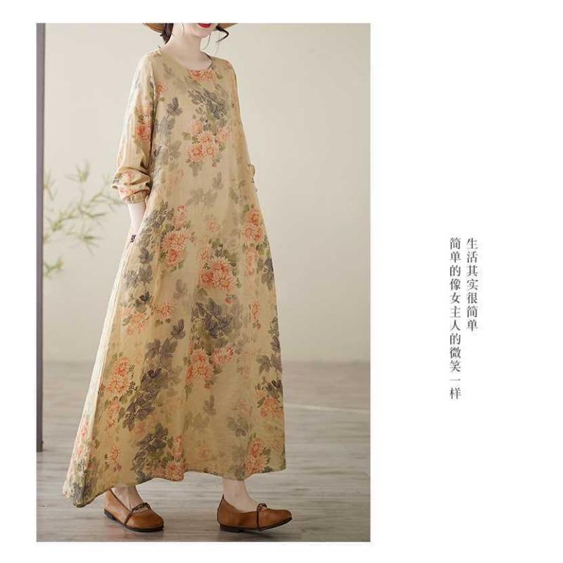Printed Round Neck Loose Plus Size Long Sleeve Plus Size Vacation Dresses