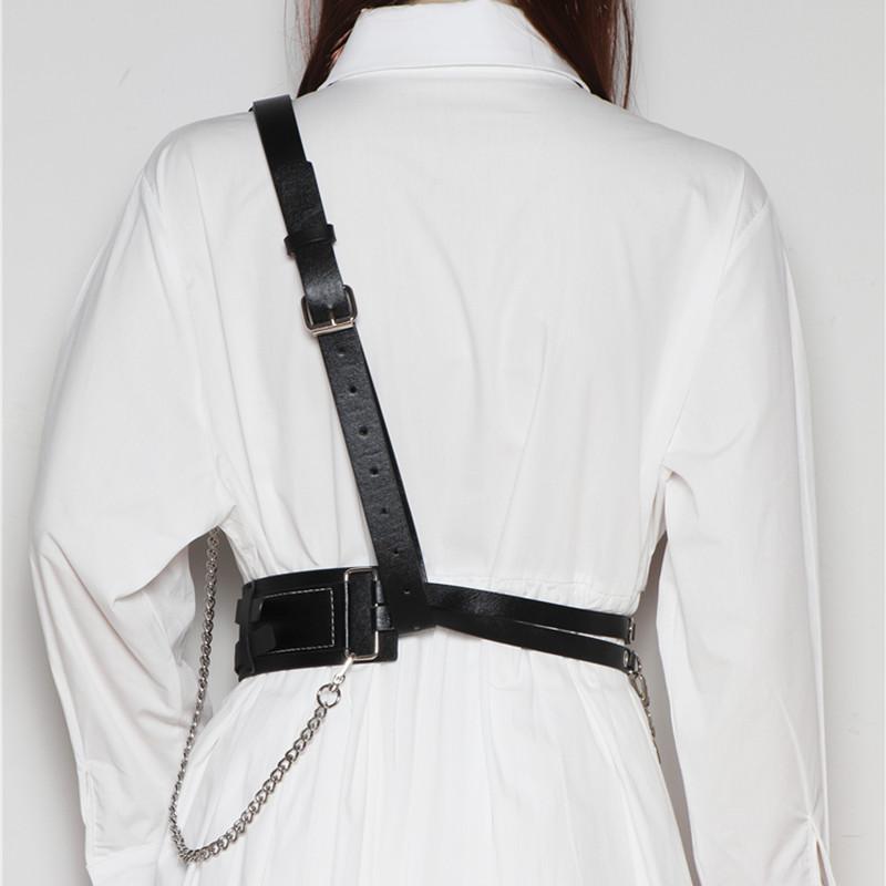 Hip Hop Detachable Metal Chain Leather Shoulder Strap Wide Belt Women Techwear Style Rivet Goth Punk Leather Belt Corset