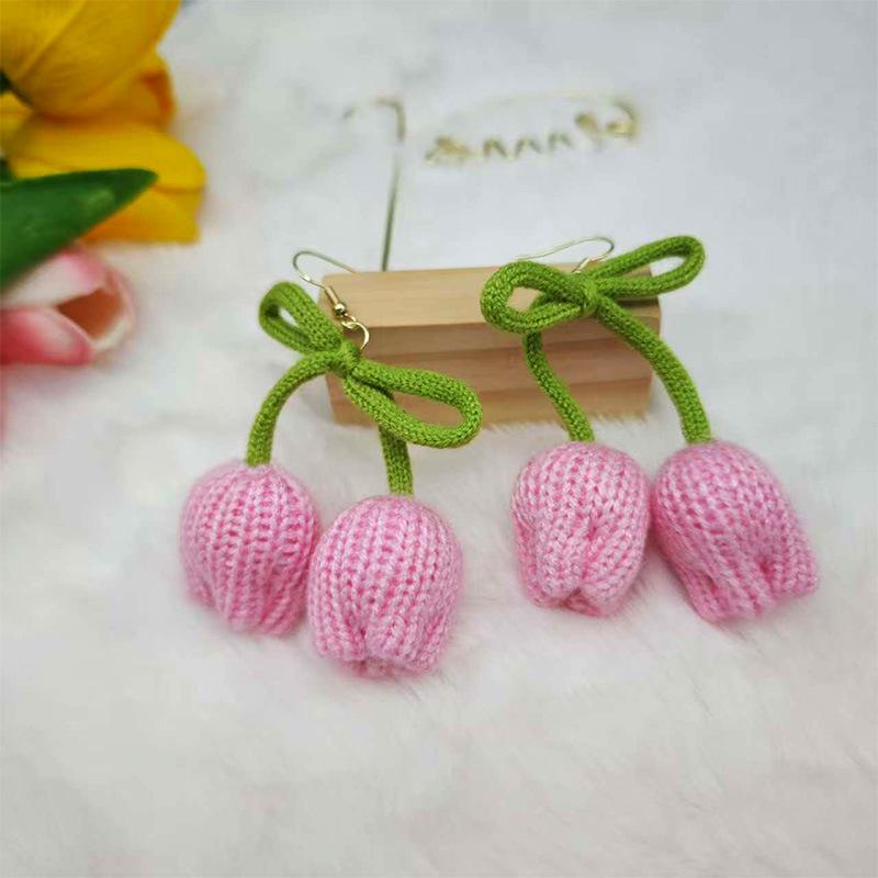 Charming Tulip Flower Knitted Wool Earrings for Women