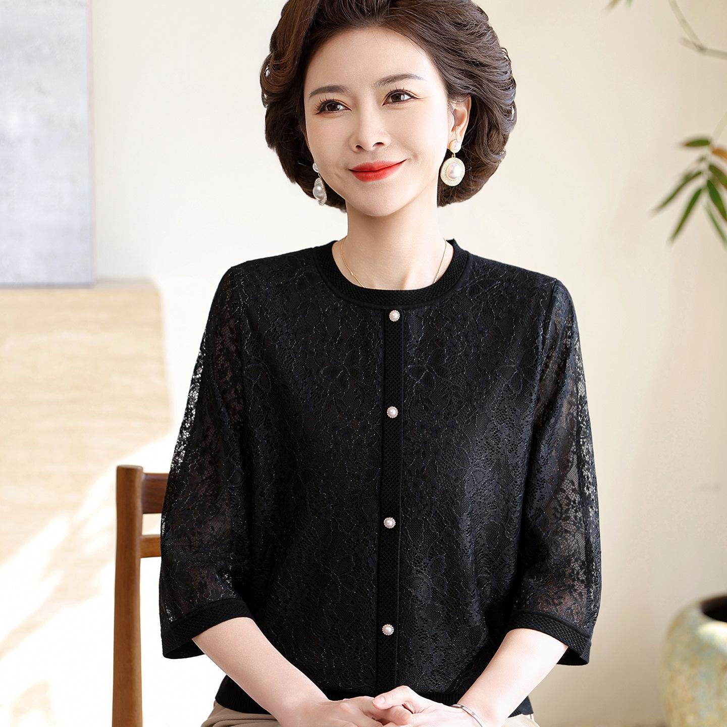

2026 Lace Mid-Sleeve Summer T-Shirt for Middle-Aged Women L (80-100 lbs) чёрный
