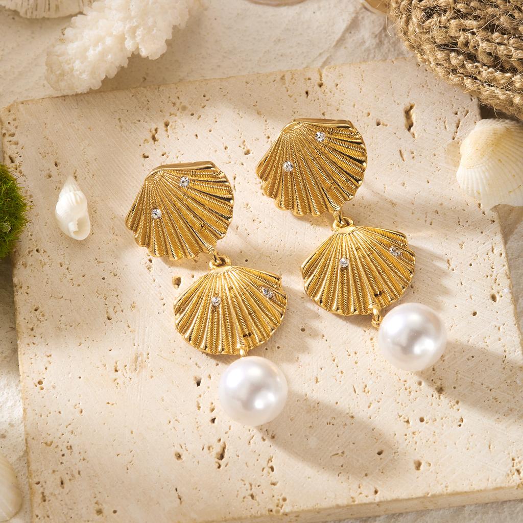 Vintage Gold Plated Metal Texture Shell Drop Earrings for Women Boho Elegant Imitation Pearl Conch Coral Earring Party Jewelry