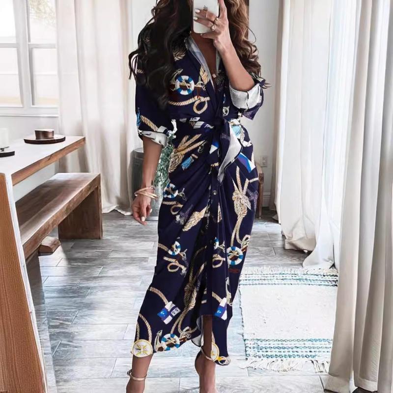 Wish summer long sleeve button short sleeve print dress long dress elegant