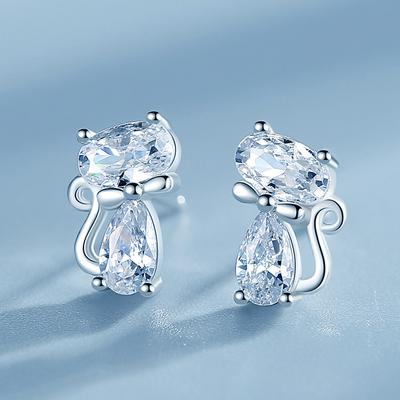 Krean Cute Crystal Zircon Cat Stud Earrings For Women Girl Dainty Fashion Bridal Wedding Earrings Party Jewelry Anniversary Gift