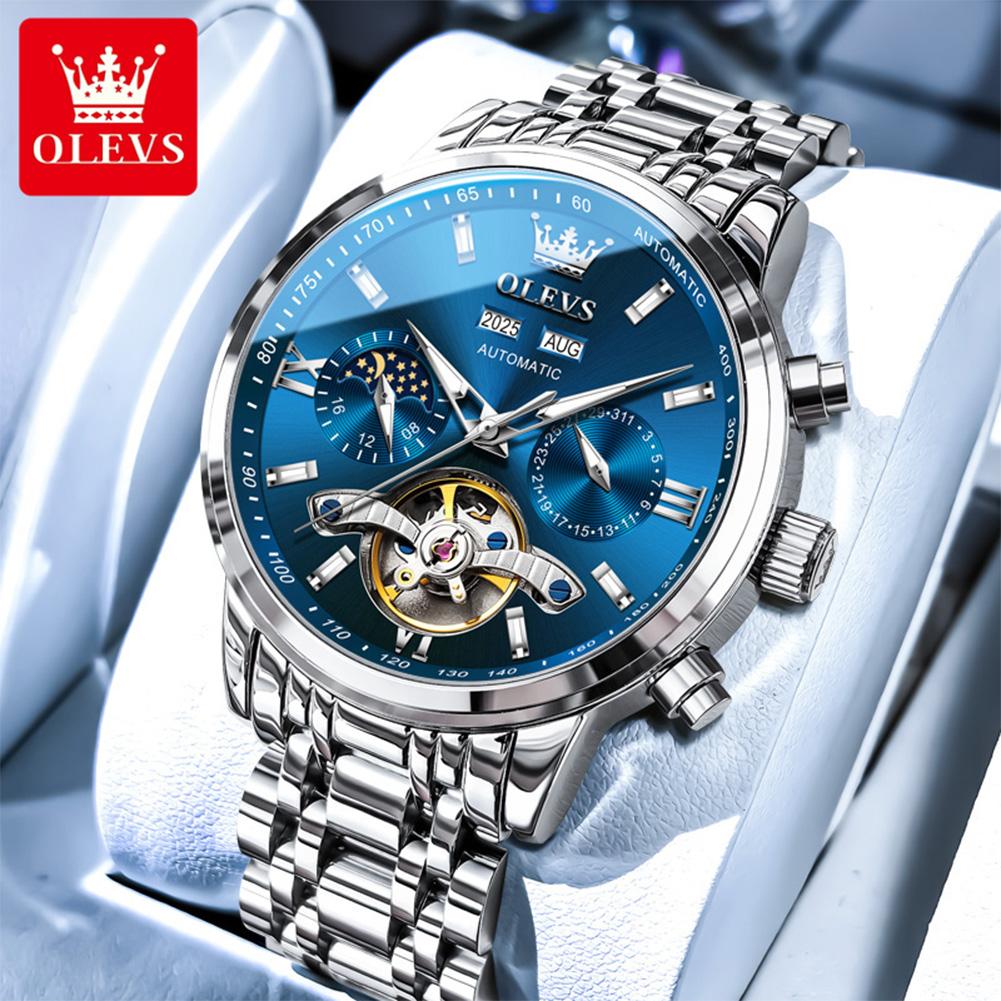 OLEVS Watches for Men Skeleton Flywheel Automatic Mechanical Men's Watches 24 Hour Moon Phase Waterproof Luxury Man Watch 6740