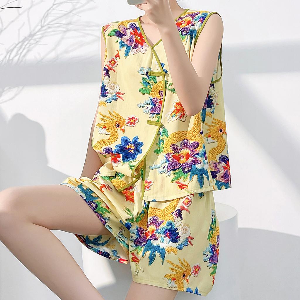 Cotton and silk floral sleeveless loungewear suit women's summer new Chinese pajamas can be worn outside loose national style two-piece set thin