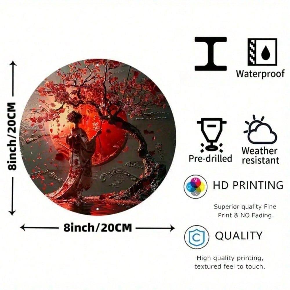 8x8 Inch Round Metal Wall Art Japanese Woman Kimono Cherry Blossom Vintage Home Decor UV Resistant Scratch Proof Hanging Sign