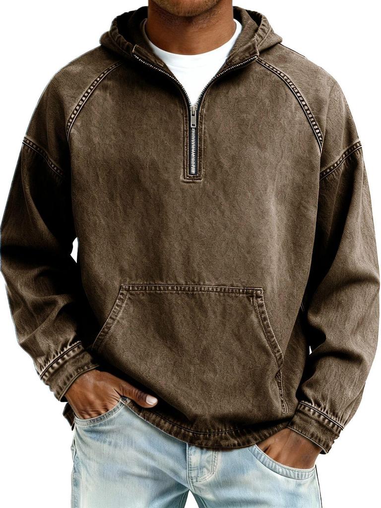Men's Distressed Retro Long Sleeve Hooded Zip-Up Hoodie