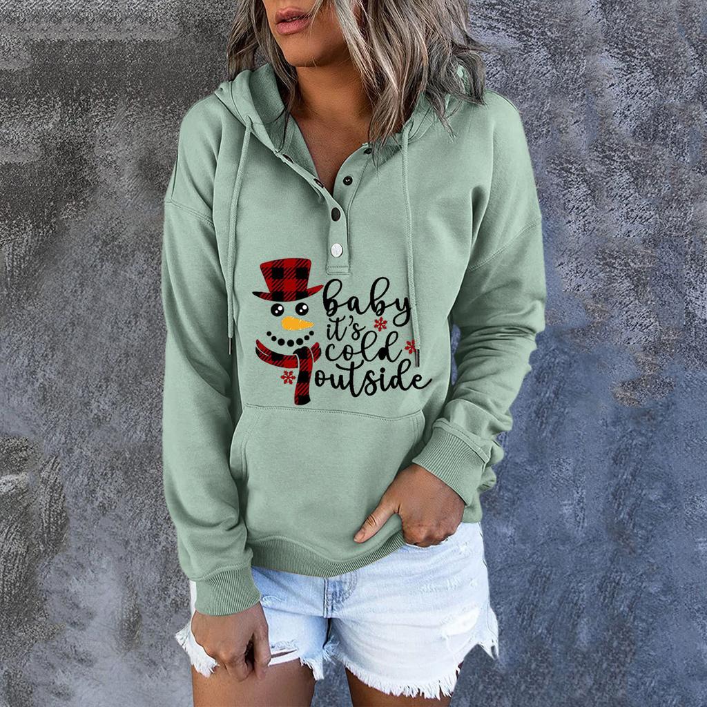 Women  Winter Casual Christmas Fashion Print Hooded Button Sweatshirt
