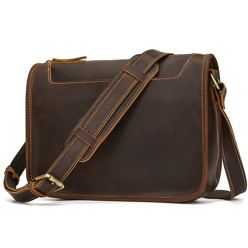Men'S Genuine Leather Shoulder Bag Crazy Horse Leather Messenger Bag First Layer Cowhide Flip Shoulder Bag Casual Bag
