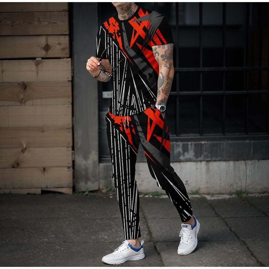 Color Graffiti Blending 3D Print Men Sportswear Set Short-Sleeved T Shirt Pants 2-Piece Set Oversized Pullover Men Clothing