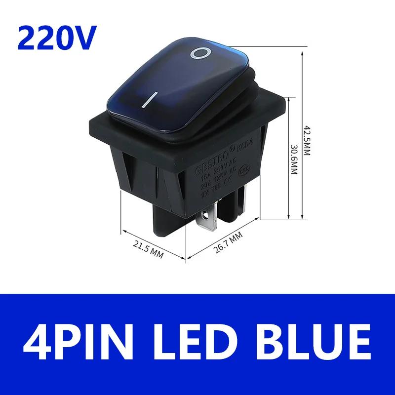 5PCS KCD4 12V 220V Waterproof And Oil Proof Latching Switch Four Feet ON OFF Red Green With Lights 4PIN Rocker Power Switch LED