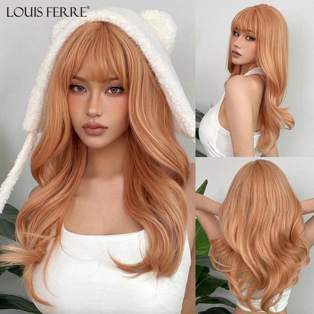 LOUIS FEREE Long Wavy Wig With Bangs Red Brown Ginger Copper Synthetic Wigs for Women Natural Wave Curly Wigs Heat Resistant Hair for Daily