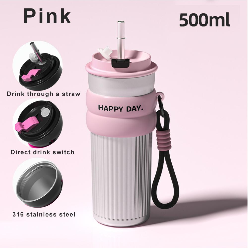 500ML Coffee Cup With Straw Stainless Steel Thermos Coffee Mug With Rope Thermo Bottle For Girls Vacuum Flasks Travel Mug Gifts