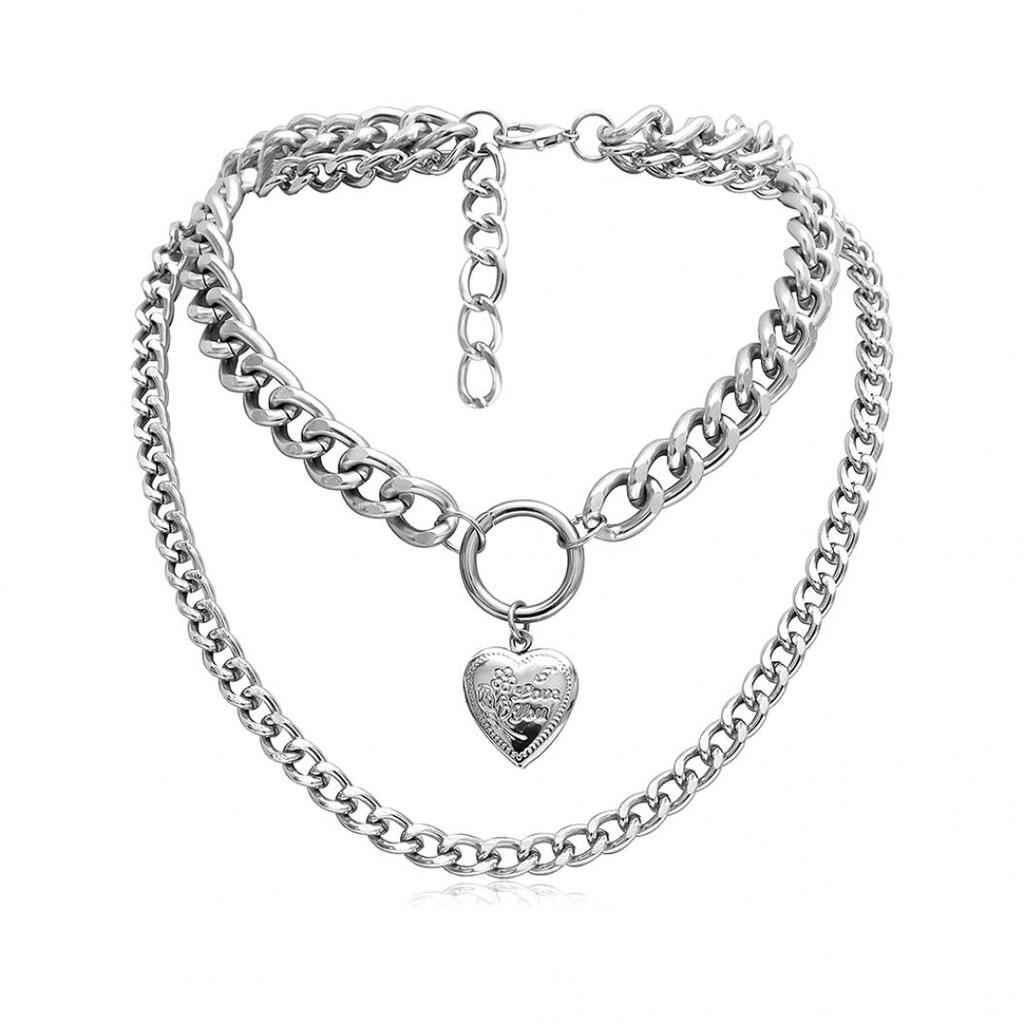 Punk Double Layer Love Herz Anhänger Dicke Panzerkette Choker Halskette Schmuck