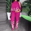 2023 Women's Round Neck Raglan Sleeve Beaded Print Long Pants Set Plus Size, European & American Style