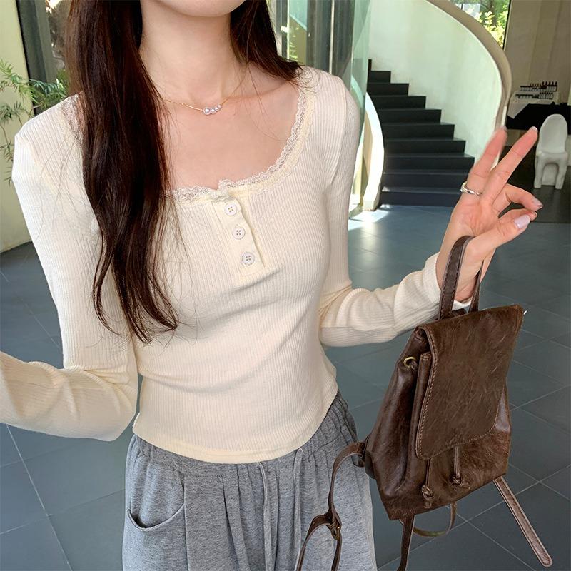 Spring New Chic Collar Button Lace Splicing Skinny Long Sleeve Shirt Women's Small Sweet and Spicy Short Top