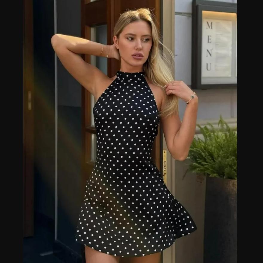 Polka Dot Printed Mini Halter Dress Backless Sleeveless A Line Short Robes Casual Party Vestidos 2026 New Slim Fit Lady Dresses