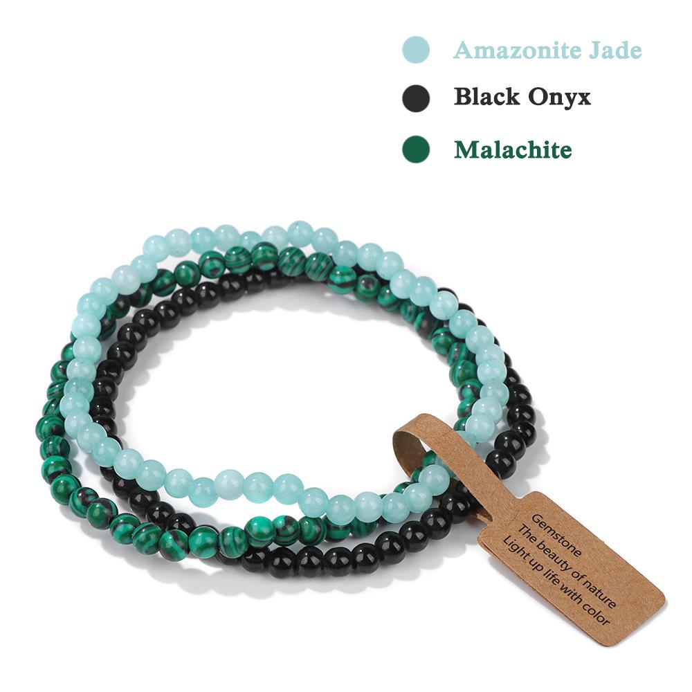 3Pcs/set Natural Green Stone Bracelet 4mm Moss Agates Black Onyx Cat Eye Beads Elastic Bracelets For Women Men Simple Jewelry