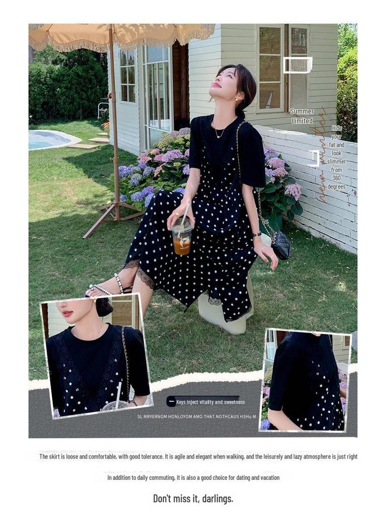 Abito a due pezzi con pois neri e patchwork, estate 2024 - Stile coreano, Vestibilità ampia e slim, Dolce gonna lunga per donna