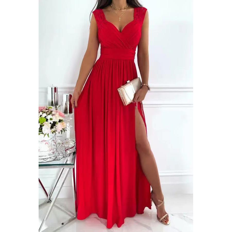 Sleeveless Lace Backless Dress with Slit Hem - European and American Style Women's Dress