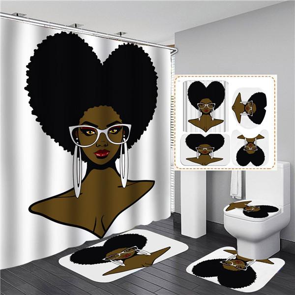 4PCS Full Set Bathroom Curtain Set Elegant African Black Woman Shower Curtain Hooks Modern Bath Mat Toilet Lid Cover Anti-slip Bath Mats