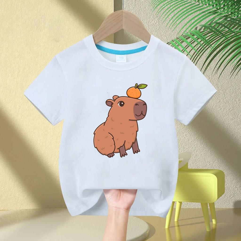 Cute Capybara Children's T-shirt Love Bubble Balloon Print Summer Children's Cotton Short-sleeved Casual Tops Boys Girls Birthda