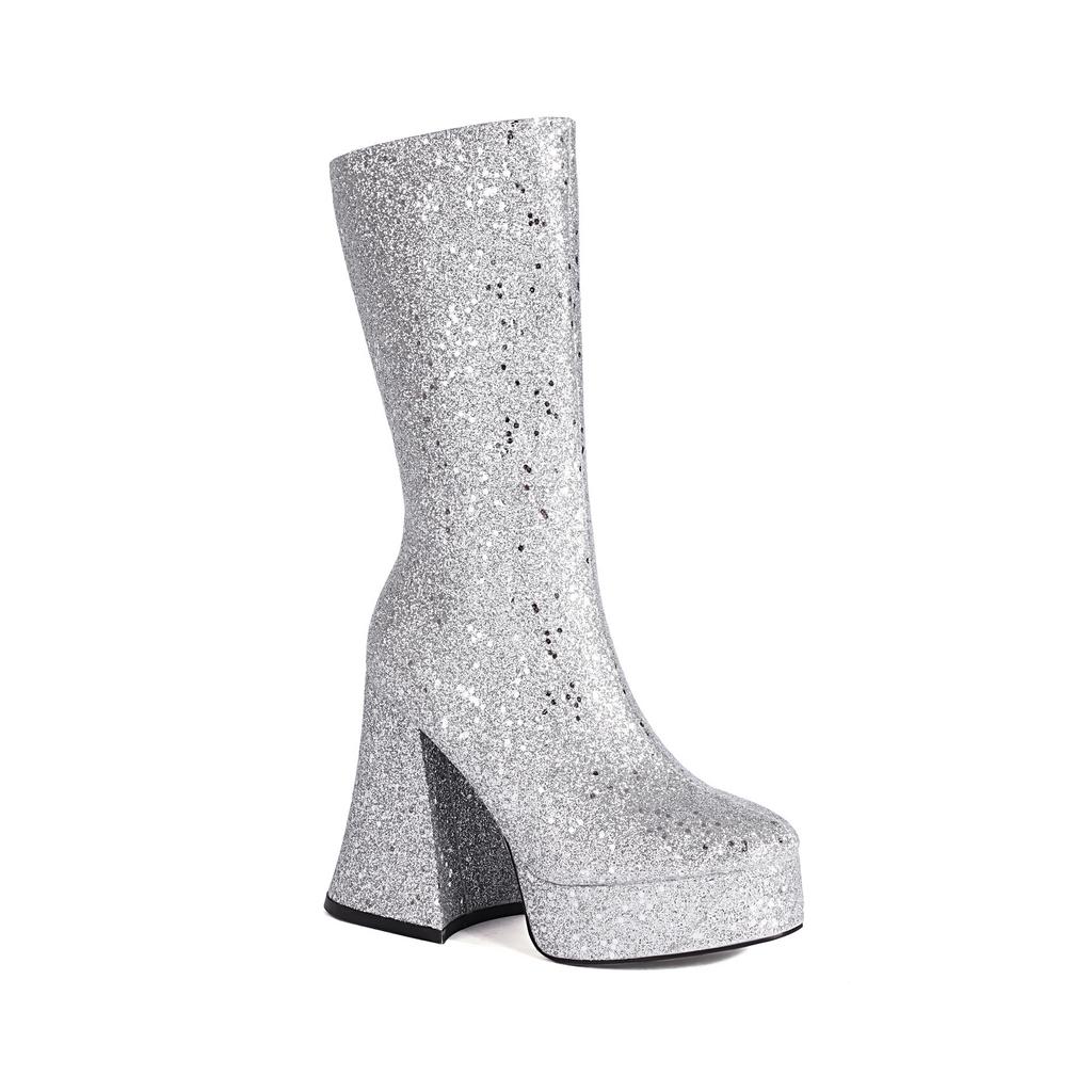 European and American New Square Head High Heel Thick Heel Sequined Horn and Fashion Medium Boots Street Performance Shoes Large Size