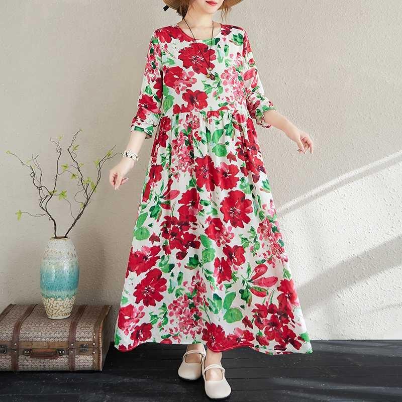 2025 New Floral Vacation Style Travel Round Neck Vintage Dresses