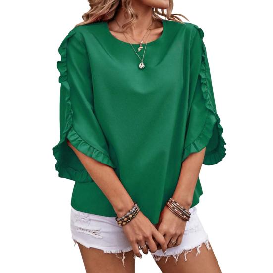 

Женские топы с круглым вырезом, кружевной отделкой, рукавом 3/4, однотонные свободные топы, футболка на каждый день M зелёный