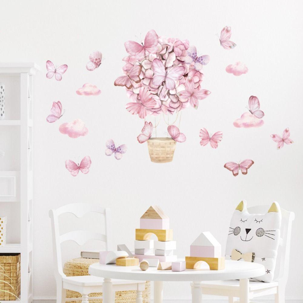 

Waterproof Pink Butterfly Basket Stickers Removable Hot Air Balloon Decals Easy to Use Wall