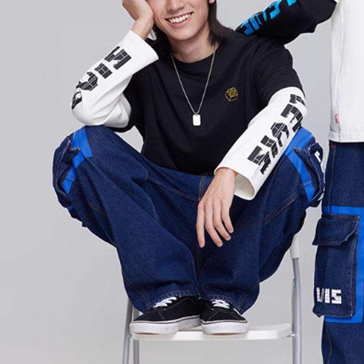 Levis Lego Collaboration Series Faux Two-Piece Letter Print Long Sleeve T-Shirt Unisex Tops Black A5439-0001