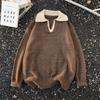 Unisex Oversized Thick Knit Polo Collar Sweater Winter Warm Casual Top In Brown Gray Black