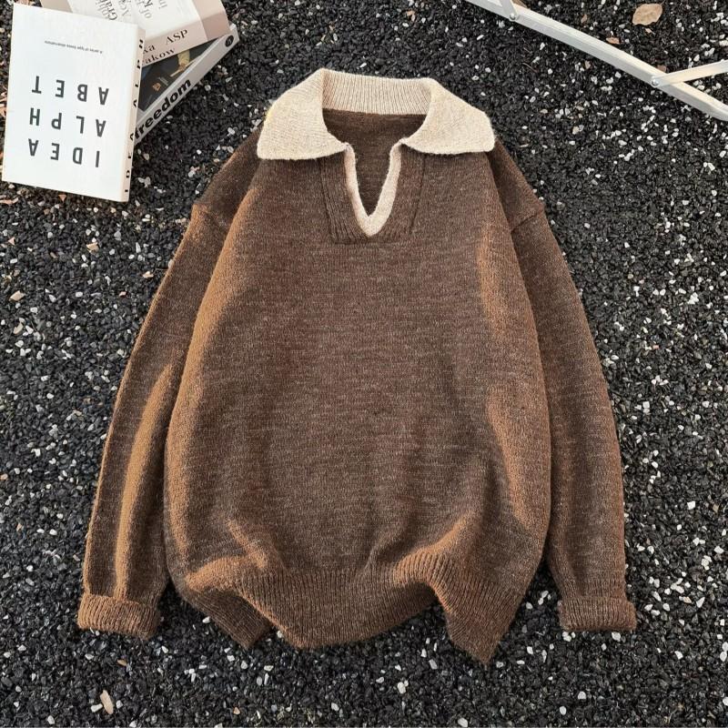 Unisex Oversized Thick Knit Polo Collar Sweater Winter Warm Casual Top In Brown Gray Black