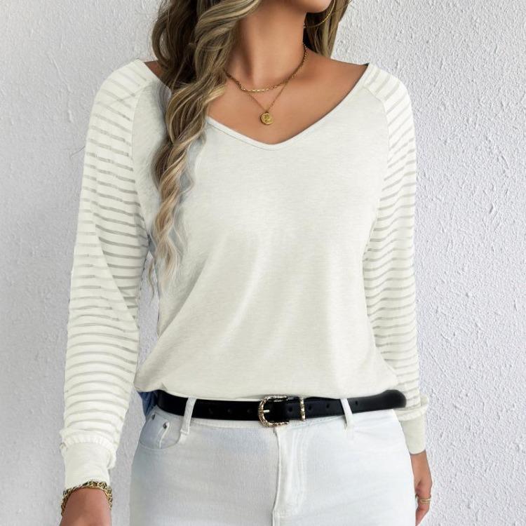 Women Casual Fashion Loose Fit Large Size Long Sleeve V Neck Striped Top Spring Autumn
