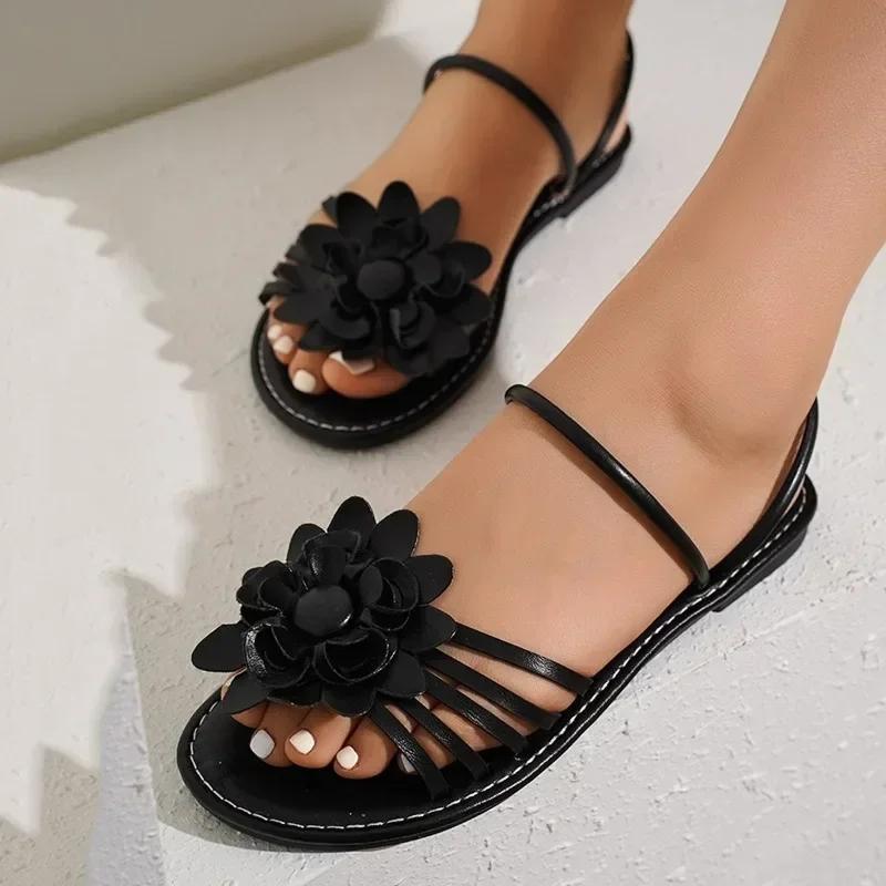 Women's Shoes On Sale 2024 Summer Ankle-wrap Women' Sandals Solid Flowers Open Toe Low-heeled Double Wear Beach Sandals Women