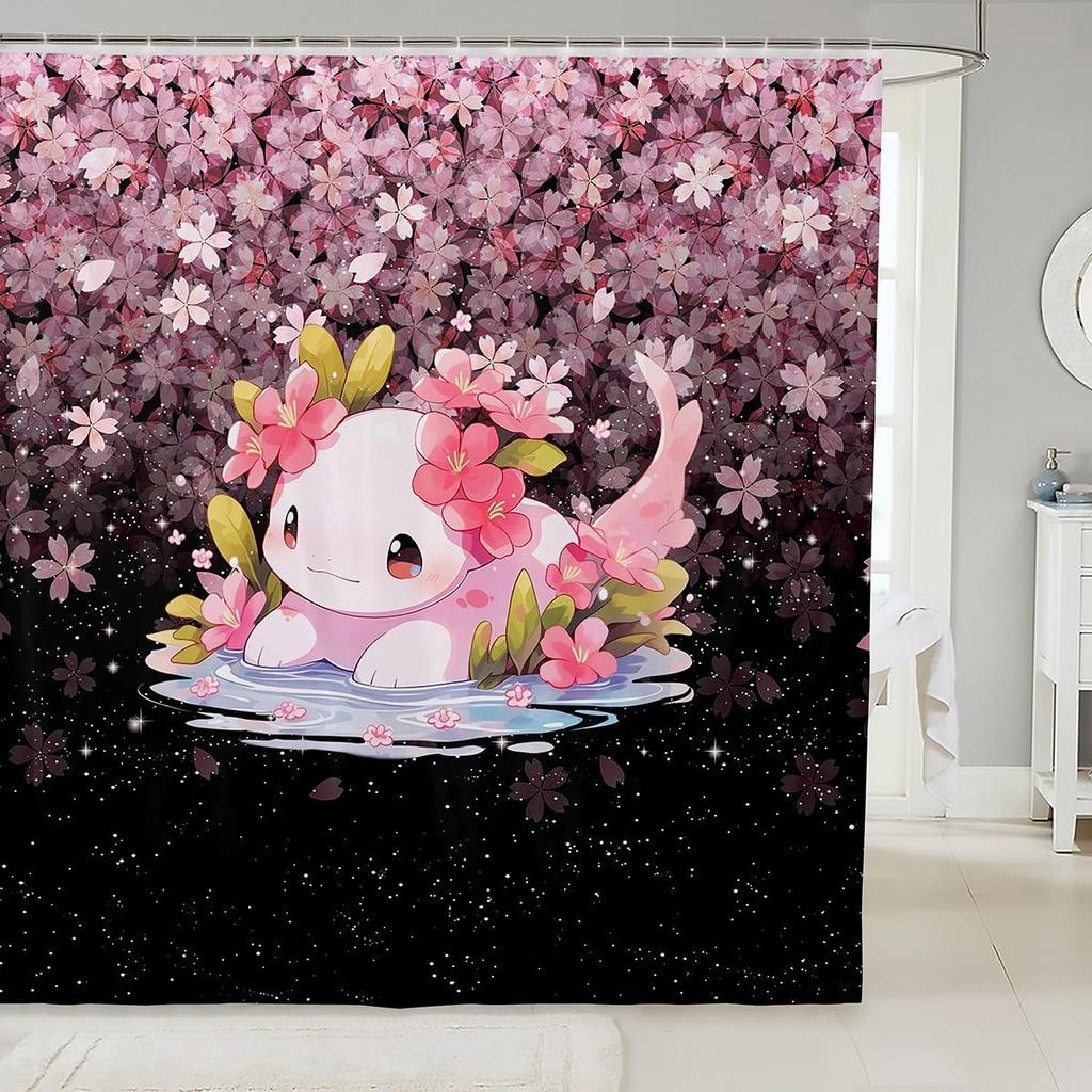 Süßer Axolotl-Duschvorhang, Kawaii-Cartoon-Salamander-Badezimmervorhang mit Haken, Wasserdichte Duschvorhänge für Badewannen-Dekor