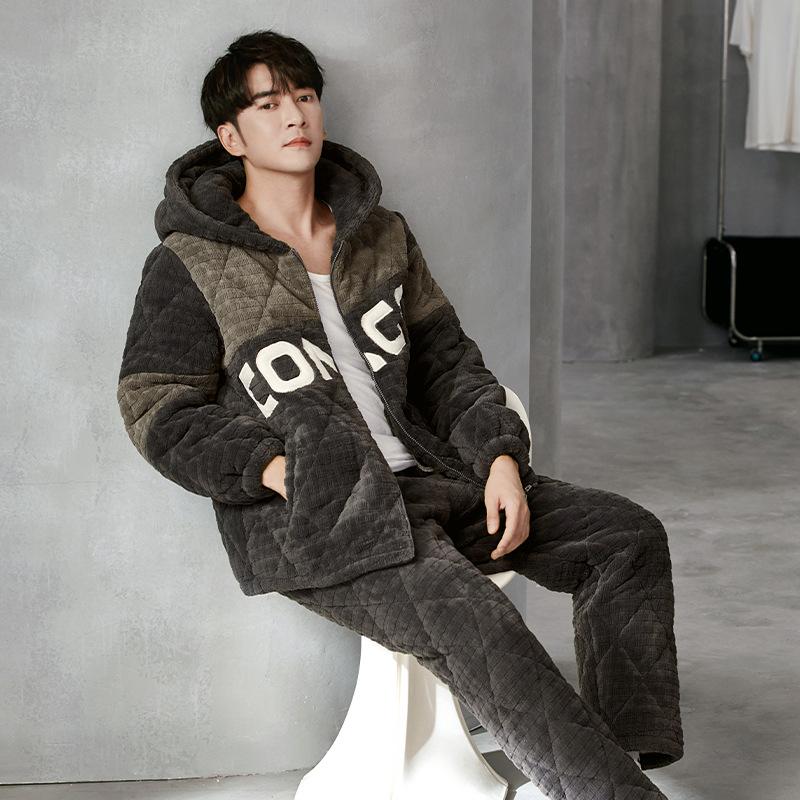 Coral Fleece Pajamas Men'S Winter Thickened Fleece Warm Men'S Autumn And Winter Three-Layer Cotton-Padded Loungewear